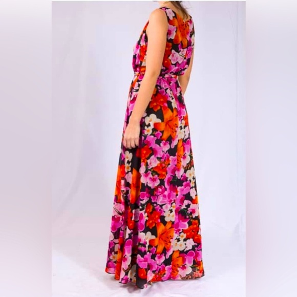 Eliza J. Hibiscus orchids print sleeveless chiffon maxi dress, fully lined, sz 6 - Picture 1 of 14